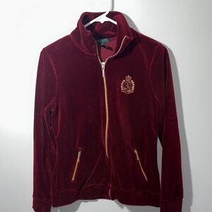 Lauren Ralph Lauren Maroon Velour Sweat Jacket with Gold Accents Size M